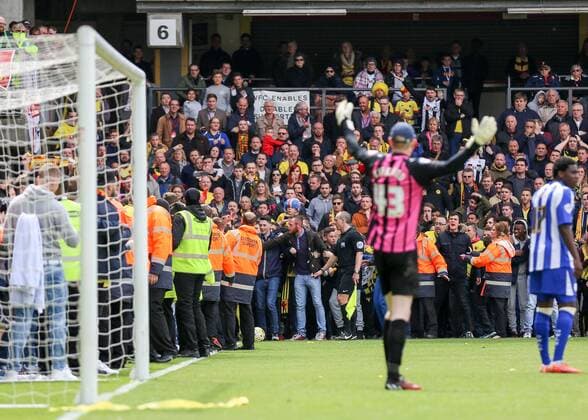 Football - 2014 2015 Championship - Watford vs. Sheffield Wednesday, Watford encroach the pitch as they prepare to celebrate promotion at Vicarage Road COLORSPORT DANIEL BEARHAM  WAT_SHE