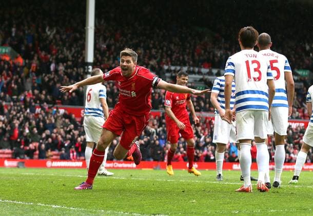 Steven Gerrard of Liverpool celebrates scoring his winning goal - Barclays Premier League - Liverpool vs QPR - Anfield Stadium - Liverpool - England - 2nd May 2015 - Picture Simon Bellis Sportimage EDITORIAL USE ONLY. No use with unauthorised audio, video, data, fixture lists, club league logos or live services. Online in-match use limited to 120 images, no video emulation. No use in betting, games or single club league player publications.