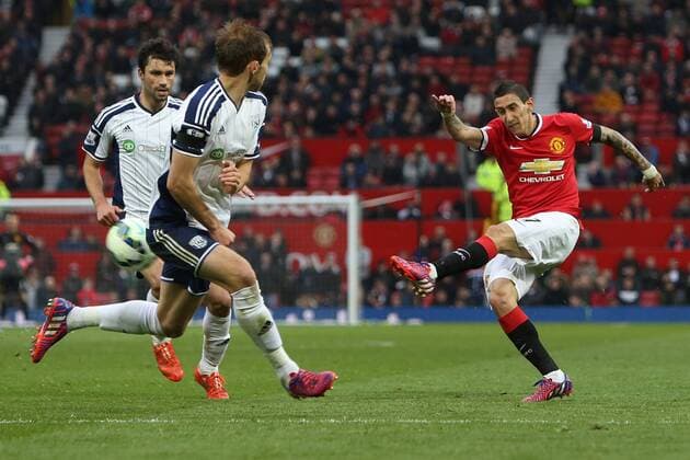 Angel di Maria of Manchester United ManU strikes at goal - Manchester United vs. West Bromwich Albion - Barclay s Premier League - Old Trafford - Manchester - 02 05 2015 Pic Philip Oldham Sportimage EDITORIAL USE ONLY. No use with unauthorised audio, video, data, fixture lists, club league logos or live services. Online in-match use limited to 120 images, no video emulation. No use in betting, games or single club league player publications.