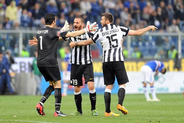 IPP20150502 Football - soccer: Serie A, Sampdoria Genua - Juventus Turin, esulta leonardo bonucci ,andrea barzagli e buffon gianluigi (Hinweis: Verwendung nur in Deutschland - only Germany) xHOCHxZWEIx xItalyxPhotoxPressx 