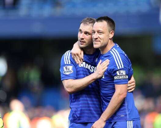 Aktuell Fußball, England, Premier League, FC Chelsea ist Meister Chelsea s John Terry celebrates winning the league with Branislav Ivanovic Barclays Premier League - Chelsea vs Crystal Palace - Stamford Bridge - England - 3rd May 2015 - Picture David Klein Sportimage EDITORIAL USE ONLY. No use with unauthorised audio, video, data, fixture lists, club league logos or live services. Online in-match use limited to 120 images, no video emulation. No use in betting, games or single club league player publications.