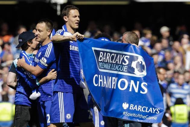 03.05.2015. London, England. Barclays Premier League. Chelsea versus Crystal Palace. Chelsea s Nemanja Matic shows off the Champions flag during the celebrations at the end xCraigxMercerx  ActionPlus11617986