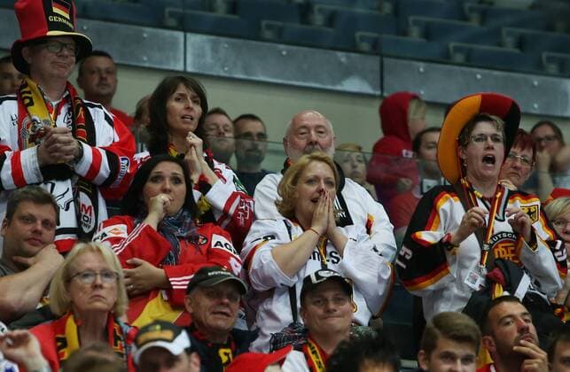 Ice hockey Eishockey - IIHF Ice Hockey WC 2015 PRAGUE,CZECH REPUBLIC,03.MAY.15 - ICE HOCKEY - IIHF World Ice Hockey Championships, international match Länderspiel Canada vs Germany. Image shows fans of GER. GEPAxpictures xAndreasxPranter 