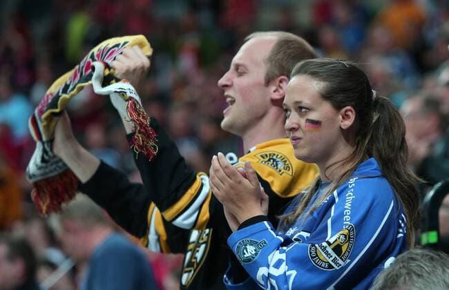 Ice hockey Eishockey - IIHF Ice Hockey WC 2015 PRAGUE,CZECH REPUBLIC,03.MAY.15 - ICE HOCKEY - IIHF World Ice Hockey Championships, international match Länderspiel Canada vs Germany. Image shows fans of GER. GEPAxpictures xAndreasxPranter 