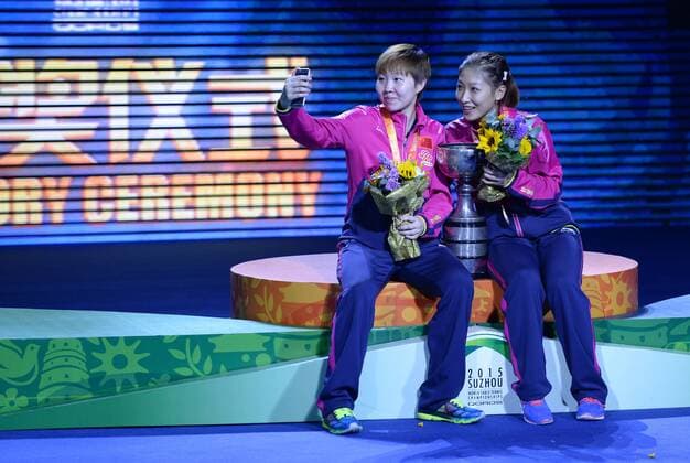 SUZHOU, CHINA - MAY 03: (CHINA OUT) Liu Shiwen and Zhu Yuling of China pose with their trophy after winning women s doubles final match against Ding Ning and Li Xiaoxia of China on day eight of the 2015 World Table tennis Tischtennis Championships at the Suzhou International Expo Center on May 3, 2015 in Suzhou, China.  CFP466952910 
