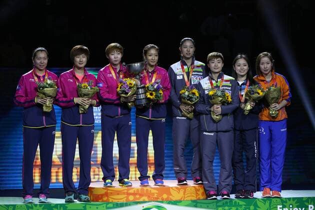 SUZHOU, CHINA - MAY 03: (CHINA OUT) (L-R) Li Xiaoxia and Ding Ning of China, Zhu Yuling and Liu Shiwen of China, Yu Mengyu and Feng Tianwei of Singapore, Li Qian of Poland and Li Jie of the Netherlands stand on the podium after women s doubles final match on day eight of the 2015 World Table tennis Tischtennis Championships at the Suzhou International Expo Center on May 3, 2015 in Suzhou, China.  CFP466952918 