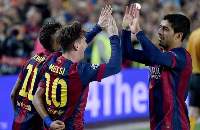 FUSSBALL CHAMPIONS LEAGUE SAISON 2014 2015 HALBFINALE HINSPIEL FC Barcelona Barca - FC Bayern Muenchen 06.05.2015 Torjubel: Neymar, Lionel Messi und Luis Suarez (v.l., alle Barca) 