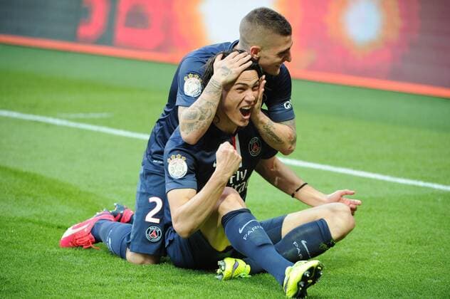 Aktuell Fußball, Frankreich, Ligue 1, Paris St Germain - EA Guingamp EDINSON CAVANI (psg) - MARCO VERRATTI (psg) - JOIE FOOTBALL : Paris SG vs Guingamp - Ligue 1 - 08 05 2015 FEP Panoramic 