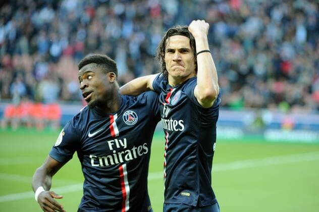 Aktuell Fußball, Frankreich, Ligue 1, Paris St Germain - EA Guingamp EDINSON CAVANI (psg) - SERGE AURIER (psg) - JOIE FOOTBALL : Paris SG vs Guingamp - Ligue 1 - 08 05 2015 FEP Panoramic 
