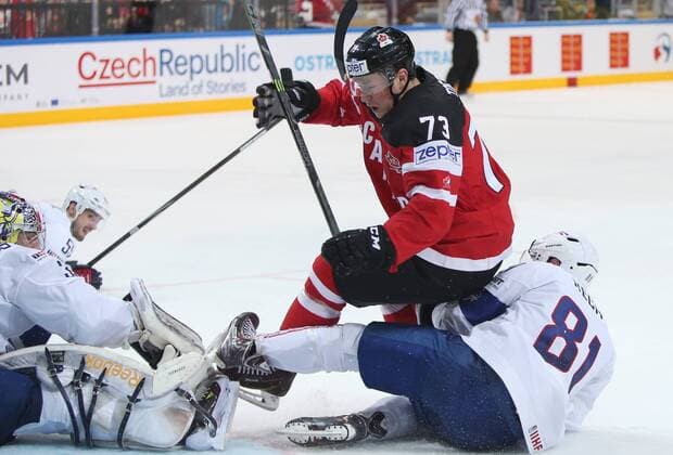 Ice hockey Eishockey - IIHF Ice Hockey WC 2015 PRAGUE,CZECH REPUBLIC,09.MAY.15 - ICE HOCKEY - IIHF World Ice Hockey Championships, international match Länderspiel France vs Canada. Image shows Ronan Quemener (FRA), Tyler Toffoli (CAN) and Anthony Rech (FRA). GEPAxpictures xAndreasxPranter 
