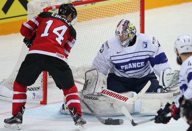 Ice hockey Eishockey - IIHF Ice Hockey WC 2015 PRAGUE,CZECH REPUBLIC,09.MAY.15 - ICE HOCKEY - IIHF World Ice Hockey Championships, international match Länderspiel France vs Canada. Image shows Jordan Eberle (CAN) and Ronan Quemener (FRA). GEPAxpictures xAndreasxPranter 