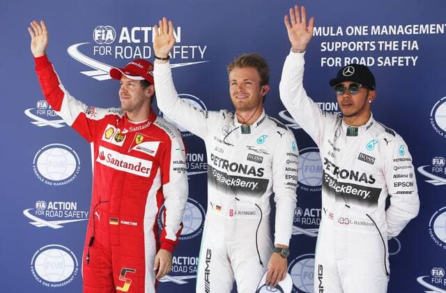 Motorsports: FIA Formula One World Championship WM Weltmeisterschaft 2015, Grand Prix of Spain, 5 Sebastian Vettel (GER, Scuderia Ferrari), 6 Nico Rosberg (GER, Mercedes AMG Petronas Formula One Team), 44 Lewis Hamilton (GBR, Mercedes AMG Petronas Formula One Team), xHOCHxZWEIx