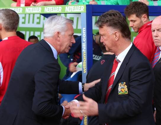 09.05.2015. London, England. Barclays Premier League. Crystal Palace versus Manchester United ManU Alan Pardew and Louis Van Gaal xJasonxHearnx  ActionPlus11619360
