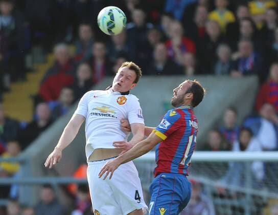 09.05.2015. London, England. Barclays Premier League. Crystal Palace versus Manchester United ManU Phil Jones wins the header from Murray of Palace xJasonxHearnx  ActionPlus11619398