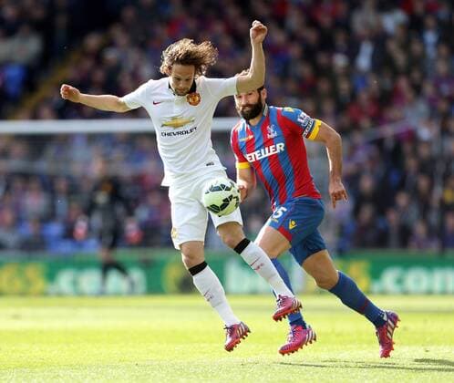 Crystal Palace s Mile Jedinak tussles with Manchester United ManU s Daley Blind Barclays Premier League - Crystal Palace vs Manchester United- Selhurst Park - England - 9th May 2015 - Picture David Klein Sportimage EDITORIAL USE ONLY. No use with unauthorised audio, video, data, fixture lists, club league logos or live services. Online in-match use limited to 120 images, no video emulation. No use in betting, games or single club league player publications.