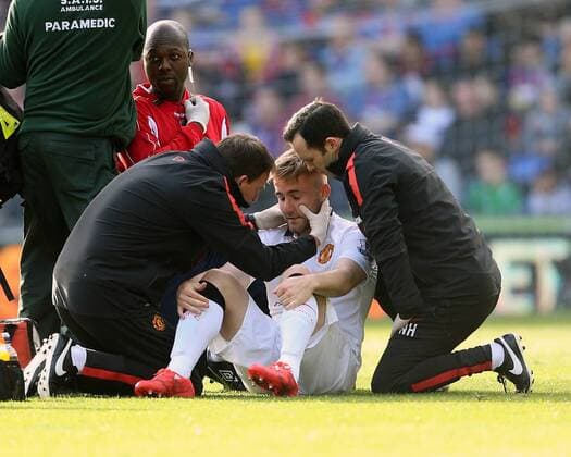 Manchester United ManU s Luke Shaw goes off injured Barclays Premier League - Crystal Palace vs Manchester United- Selhurst Park - England - 9th May 2015 - Picture David Klein Sportimage EDITORIAL USE ONLY. No use with unauthorised audio, video, data, fixture lists, club league logos or live services. Online in-match use limited to 120 images, no video emulation. No use in betting, games or single club league player publications.