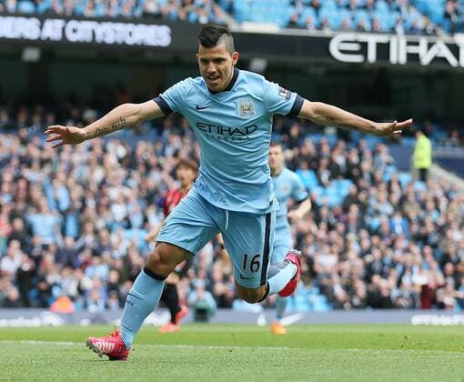 Sergio Aguero of Manchester City celebrates scoring the first goal - Barclays Premier League - Manchester City vs QPR - Etihad Stadium - Manchester - England - 10th May 2015 - Picture Simon Bellis Sportimage EDITORIAL USE ONLY. No use with unauthorised audio, video, data, fixture lists, club league logos or live services. Online in-match use limited to 120 images, no video emulation. No use in betting, games or single club league player publications.