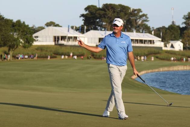 May 9, 2015 - Ponte Vedra Beach, Florida, United States - Jerry Kelly waves to the crowd on the 18th green after putting during the third round of THE PLAYERS Championship. THE PLAYERS Championship - Round 3 - ZUMAw109