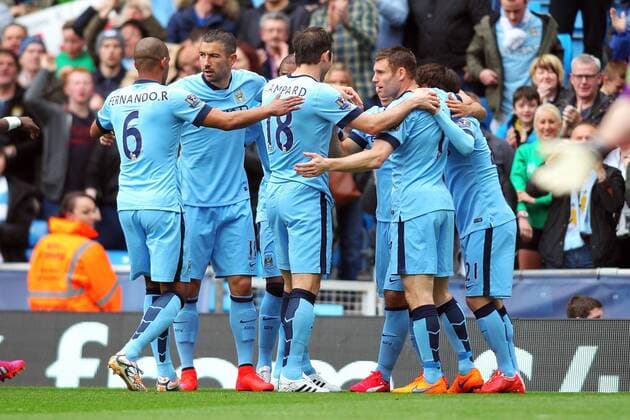 Aktuell FuÃŸball, England, Manchester City - Queens Park Rangers 10.05.2015. Manchester, England. Barclays Premier League. Manchester City versus Queens Park Rangers. Sergio Aguero of Manchester City celebrates scoring his teams first goal (1-0) xPaulxKeevilx  ActionPlus11619722