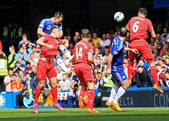 Chelsea s John Terry scoring his sides opening goal Barclays Premier League - Chelsea vs Liverpool- Stamford Bridge - England - 10th May 2015 - Picture David Klein Sportimage EDITORIAL USE ONLY. No use with unauthorised audio, video, data, fixture lists, club league logos or live services. Online in-match use limited to 120 images, no video emulation. No use in betting, games or single club league player publications.