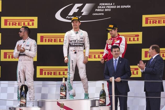 BARCELONA, SPAIN - March 10: Podium of the race with Nico Rosberg in the first position, Lewis Hamilton in the second and Sebastian Vettel in the third place during the Formula 1 Grand Prix of Spain Pirelli 2015 race at Barcelona-Catalunya Circuit on March 10, 2015 in Barcelona, Spain. (Photo by Mikel Trigueros Urbanandsport Cordon Press) 