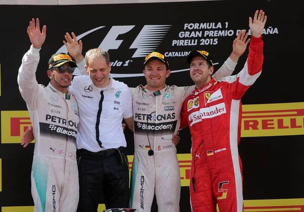 May 10, 2015 - Barcelona, Spain - (Left to Right) LEWIS HAMILTON of Great Britain and Mercedes AMG Petronas F1 Team, NICO ROSBERG of Germany and Mercedes AMG Petronas F1 Team and SEBASTIAN VETTEL of Germany and Scuderia Ferrari are seen of the podium of the 2015 Formula 1 Spanish Grand Prix at Circuit de Catalunya in Barcelona, Spain. F1 2015 - Spanish Grand Prix - Rosberg wins - ZUMAg147