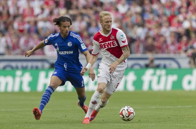 10.05.2015, Köln, Deutschland, 1.Fussball Bundesliga - Saison 2014 2015, 1.FC Köln - FC Schalke 04, Schalkes Leroy Sane gegen Kölns Kevin Vogt