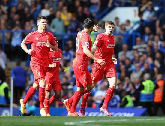 Liverpool s Steven Gerrard celebrates scoring his sides second goal Barclays Premier League - Chelsea vs Liverpool- Stamford Bridge - England - 10th May 2015 - Picture David Klein Sportimage EDITORIAL USE ONLY. No use with unauthorised audio, video, data, fixture lists, club league logos or live services. Online in-match use limited to 120 images, no video emulation. No use in betting, games or single club league player publications.