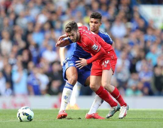 Chelsea s Ruben Loftus-Cheek tussles with Liverpool s Adam Lallana Barclays Premier League - Chelsea vs Liverpool- Stamford Bridge - England - 10th May 2015 - Picture David Klein Sportimage EDITORIAL USE ONLY. No use with unauthorised audio, video, data, fixture lists, club league logos or live services. Online in-match use limited to 120 images, no video emulation. No use in betting, games or single club league player publications.