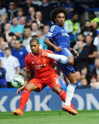 Football - 2014 2015 Premier League - Chelsea vs. Liverpool Willian of Chelsea and Glen Johnson of Liverpool at Stamford Bridge. COLORSPORT ANDREW COWIE 