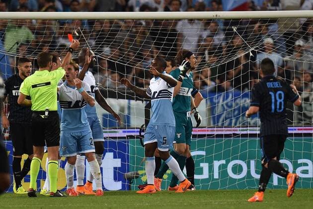 Lazio goalkeeper Federico Marchetti sent off by referee Davide Massa. Espulsione Serie A 2014 2015 Lazio Rom - Inter Mailand andreaxstaccioli
