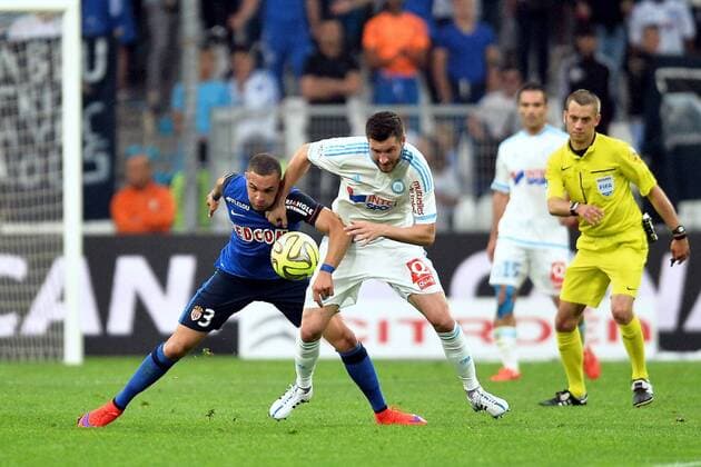 Andre Pierre Gignac (om) - Layvin Kurzawa (mon) FOOTBALL : Marseille vs Monaco - Ligue 1 - 10 05 2015 AnthonyBIBARD FEP Panoramic 