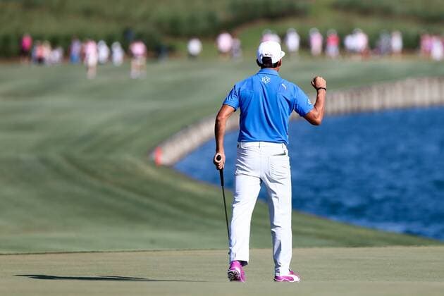 May 10, 2015 - Ponte Vedra Beach, Florida, United States - Rickie Fowler reacts after putting the 18th green during the final round of THE PLAYERS Championship. THE PLAYERS Championship - Final Round - ZUMAw109