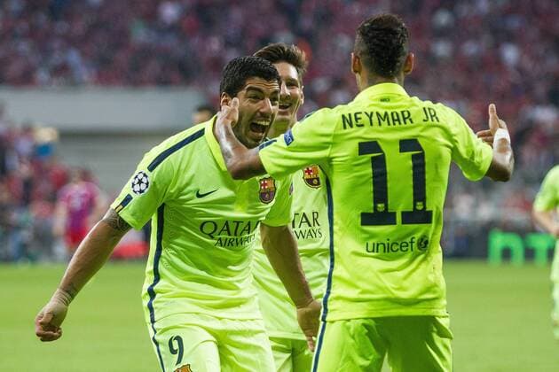 GER, UEFA CL Halbfinale, FC Bayern Muenchen vs. FC Barcelona Barca 12.05.2015, Allianz Arena, Muenchen, GER, UEFA CL Halbfinale, FC Bayern Muenchen vs. FC Barcelona, im Bild Jubel nach dem Tor zum 2-1 durch Neymar (Barcelona 11) mit Luis Suarez (Barcelona 9) und Lionel Messi (Barcelona 10) nphxStraubmeier