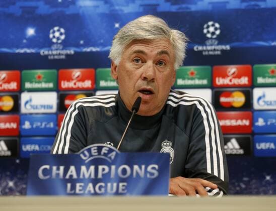 Real Madrid training session before 1 2 UEFA Champions League 2014 2015 match at Santiago Bernabeu before the second leg of 1 2 UEFA Champions League 2014 2015 against Juventus. In this picture, Carlo Ancelotti at press conference PK Pressekonferenz xJOSExA.xGARCIAx 