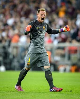 12. Mai 2015: Muenchen, Allianz Arena: Fussball UEFA Champions League, Halbfinale: FC Bayern Muenchen - FC Barcelona Barca Barcelonas Torwart Marc-Andre ter Stegen jubelt ueber den Treffer zum 1:0.