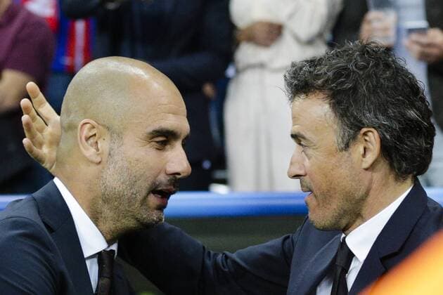 12.05.2015. Munich, Germany. Champions League Football Semi Final 2nd Leg. Bayern Munich versus Barcelona. Bayern Munich s Head Coach Pep Guardiola shakes hands with FC Barcelona Barca x2019;s Coach Luis Enrique before kick off xCraigxMercerx  ActionPlus11620405