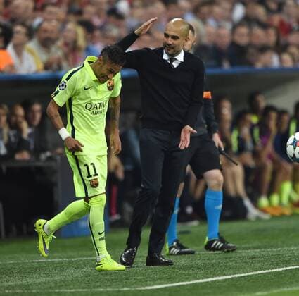 12.05.2015, Fussball, Saison 2014 15, Champions League, 2014 15, Halbfinale, FC Bayern München - FC Barcelona Barca 3:2 Trainer Pep Guardiola (Bayern Muenchen), re., mit Neymar (FC Barcelona)