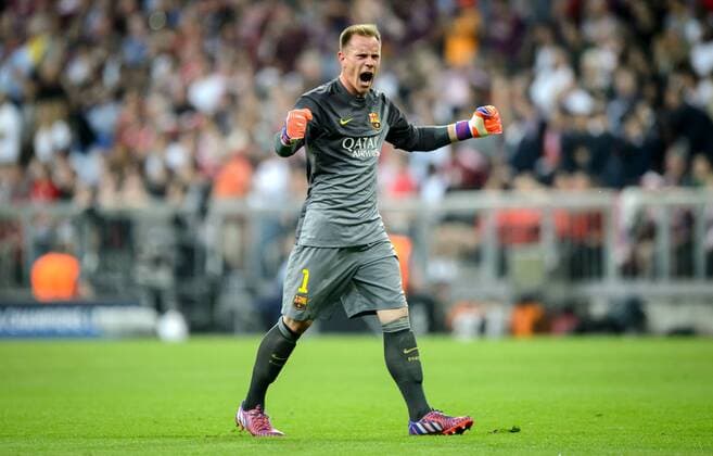 12. Mai 2015: Muenchen, Allianz Arena: Fussball UEFA Champions League, Halbfinale: FC Bayern Muenchen - FC Barcelona Barca Barcelonas Torwart Marc-Andre ter Stegen jubelt ueber den Treffer zum 1:0.