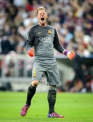 12. Mai 2015: Muenchen, Allianz Arena: Fussball UEFA Champions League, Halbfinale: FC Bayern Muenchen - FC Barcelona Barca Barcelonas Torwart Marc-Andre ter Stegen jubelt ueber den Treffer zum 1:0.