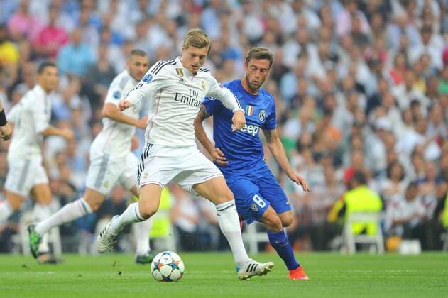 13.05.2015, Fussball UEFA Champions League 1 2 Finale, Real Madrid - Juventus Turin, v.l. Toni Kroos (Real Madrid) - Claudio Marchisio (Juventus)