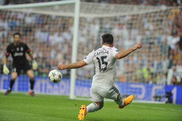 Real Madrid Defender, Daniel Carvajal Ramos - CARVAJAL, number 15 . Round semifinal of the CHAMPIONS league Football match between Real Madrid - Juventus at the Santiago Bernabeu estadium Madrid - Spain by May 13 2015. 