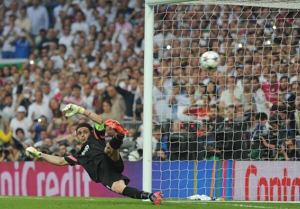 Juventus Goalkeeper, Gianluigi Buffon - Buffon, number 1 . Real Madrid Forward, Cristiano Ronaldo dos Santos - RONALDO, number 7. Round semifinal of the CHAMPIONS league Basketball match between Real Madrid - Juventus at the Santiago Bernabeu estadium Madrid - Spain by May 13 2015. 
