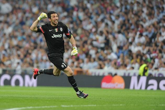 Juventus Goalkeeper, Gianluigi Buffon - Buffon, number 1 celebrates after scoring a goal (1,1). Round semifinal of the CHAMPIONS league Basketball match between Real Madrid - Juventus at the Santiago Bernabeu estadium Madrid - Spain by May 13 2015. 
