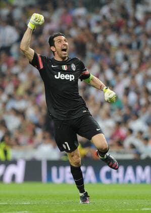 Juventus Goalkeeper, Gianluigi Buffon - Buffon, number 1 celebrates after scoring a goal (1,1). Round semifinal of the CHAMPIONS league Basketball match between Real Madrid - Juventus at the Santiago Bernabeu estadium Madrid - Spain by May 13 2015. 