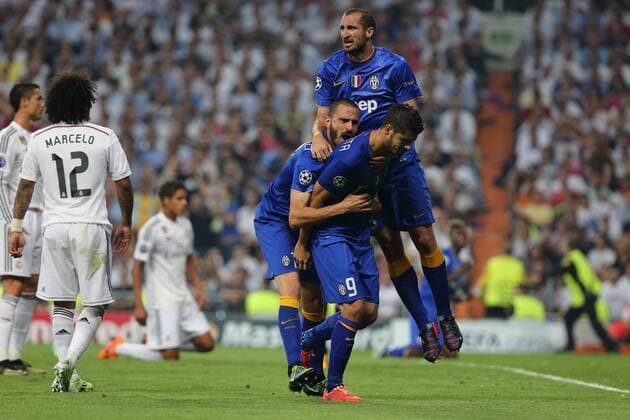 Madrid, Spain. 13th May 2015: Alvaro Morata forward from Juventus, celebrating after scoring during the UEFA Champions League semifinal second leg against Juventus at the Santiago Bernabeu stadium. (Photo: Ivan Abanades Medina). 