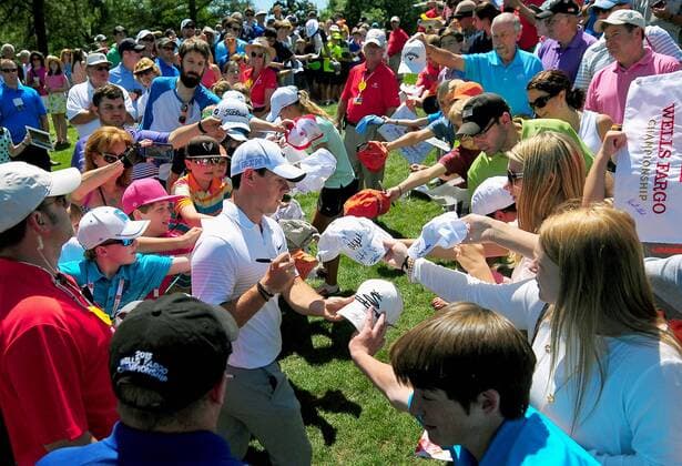 May 13, 2015 - Charlotte, NC, USA - Rory McIlroy is surrounded by autograph seekers as he walks to the fourth tee box during the Pro-Am on Wednesday, May 13, 2015, at Quail Hollow Club in Charlotte, N.C. Wells Fargo Pro-Am round - ZUMAm67_