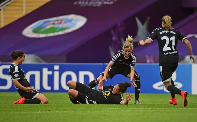 14.05.2015, xjhx, Fussball UEFA Champions League Womans, 1.FFC Frankfurt - FC Paris St. Germain , v.l. Dzsenifer Marozsan (1.FFC Frankfurt), Celia Sasic (1.FFC Frankfurt), Kathrin Hendrich (1.FFC Frankfurt), Ana-Maria Crnogorcevic (1.FFC Frankfurt) celebrate the goal, Torjubel zum 1:0