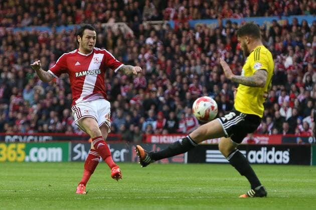 Lee Tomlin of Middlesbrough scores the opening goal - Middlesbrough vs. Brentford - Skybet Championship - Play Off Second Leg - Riverside Stadium - Middlesbrough - 15 05 2015 Pic Philip Oldham Sportimage EDITORIAL USE ONLY. No use with unauthorised audio, video, data, fixture lists, club league logos or live services. Online in-match use limited to 120 images, no video emulation. No use in betting, games or single club league player publications.