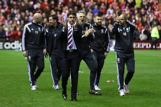 Aitor Karanka, Middlesbrough manager applauds the fans - Middlesbrough vs. Brentford - Skybet Championship - Play Off Second Leg - Riverside Stadium - Middlesbrough - 15 05 2015 Pic Philip Oldham Sportimage EDITORIAL USE ONLY. No use with unauthorised audio, video, data, fixture lists, club league logos or live services. Online in-match use limited to 120 images, no video emulation. No use in betting, games or single club league player publications.